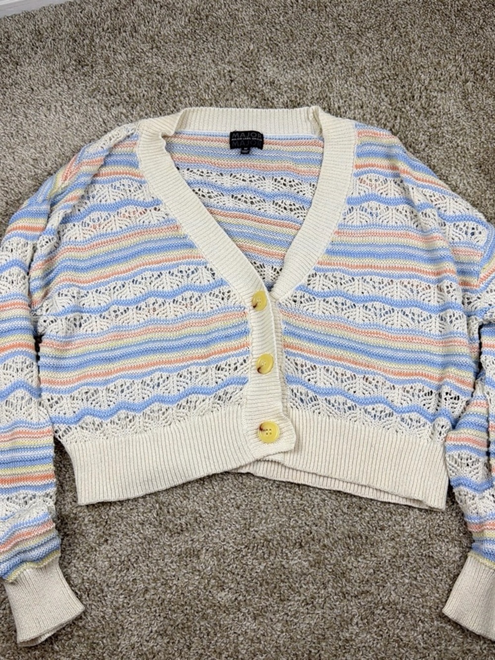 MAJORELLE Cream Cropped Open-Knit Cardigan with Pastel Stripes